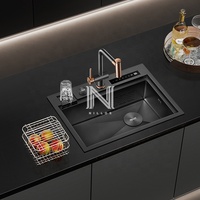 Évier de cuisine intelligent 650x480mm noir en acier inoxydable 304 nano, fait main, à trois bacs simples, avec robinet numérique à double catalyseur
