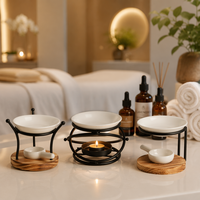 Brûleur d'huile aromatique en fer et bois, diffuseur de cire, chauffe-cire romantique en métal de style européen, support de bougie chauffe-plat en céramique