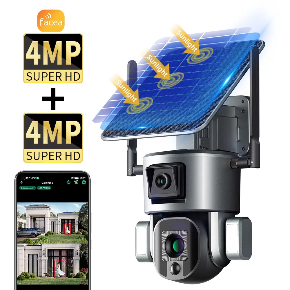 Facea 4k Dual Lens Solar panel Verkaufen Sie am besten mit 10x Licht Flutlicht 4g Sim 128g Online Solar Überwachungs kamerasystem