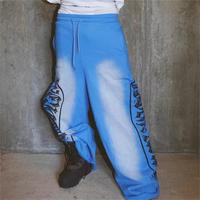 Pantalon de survêtement baggy droit à jambes larges avec lettres graphiques sérigraphiées personnalisées découpées et cousues avec cordon de serrage vintage délavé à l'acide