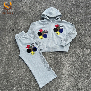 Manufacturers Custom Distressed Embroidered Patches Vintage Zipper Hoodie Jogger <b>Set</b> Hoodie and Baggy Stacked <b>Sweatpants</b> <b>Set</b> - Product Image 1