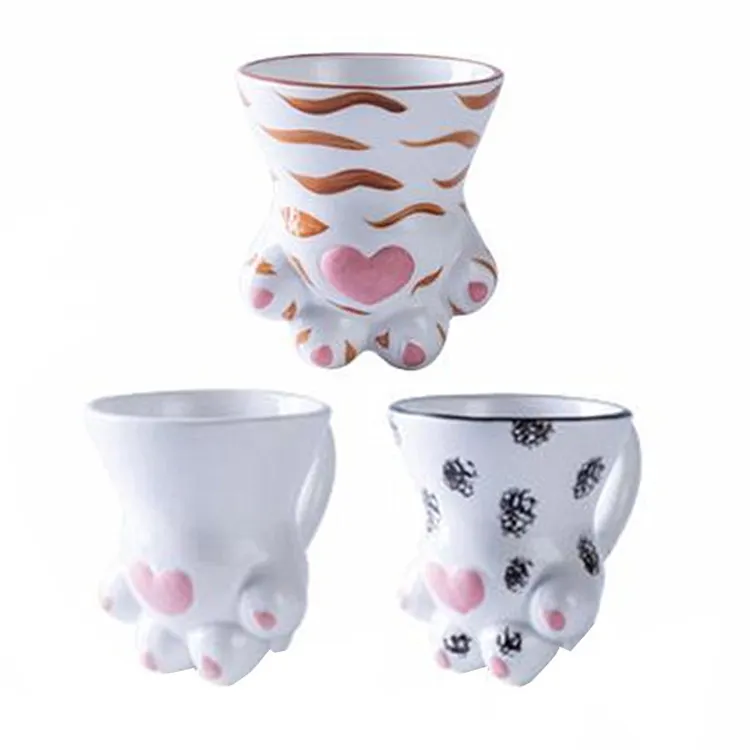 cute custom design porcelain milk mug Creative design tea coffee ceramic cat foot cup set of 3