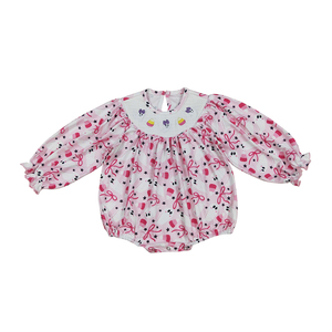 High Quality ODM Knitted Smocked Embroidery Halloween Spooky Corn Candy <b>Bows</b> <b>Pink</b> Long Sleeve Unisex Romper Boutique Wholesale - Product Image 5
