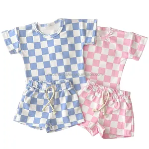 Cotton Kids Unisex Summer Clothing Outfits 95% Cotton 5% Spandex Checkered Pattern Short Two Pieces Sets