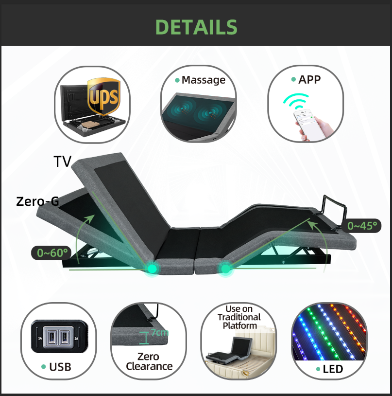 Latest design flated adjustable bed with massage using on the bed Modern King Size Beds With Light   USB