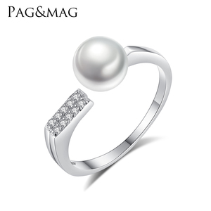 PAG&amp;MAG New Fashion 925 Silver Irregular <strong>Circle</strong> <strong>Ring</strong> Mounting Great Freshwater 7mm Pearl for Women Anniversary's Gift or Party - Product Image 1