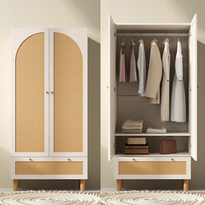 Armoire à portes en rotin moderne SENYU avec poignée en bois et tiroir pour le rangement de la chambre - Product Image 6