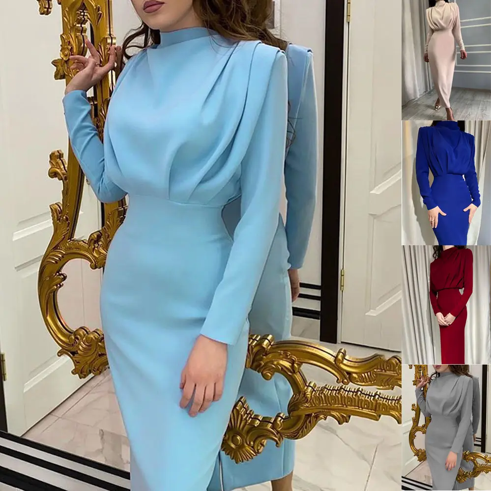 2023 new fashion temperament waist collection foreign style solid color long-sleeved dress