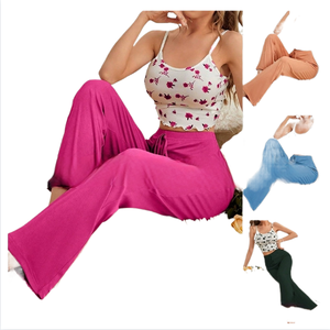 Ensemble <span class=keywords><strong>de</strong></span> pyjama pour femme, décontracté, en coton mélangé, à motif côtelé, à séchage rapide, taille élastique, sans manches, longueur totale, pour la saison <span class=keywords><strong>de</strong></span> printemps - Product Image 5