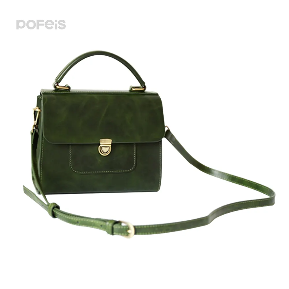 Guangzhou Manufacture Small Ladies Bag Double Color Oil Wax Genuine Leather Handbag