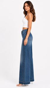 Jeans da Donna a Vita Alta, Gamba Larga, Denim Scuro, Vestibilità Comoda, Lunghezza Intera, Stile Casual - Product Image 1