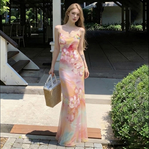 เดรสยาวทรงเมอร์เมดพิมพ์ลายดอกไม้สีสันสดใส สายเดี่ยว ดีไซน์เซ็กซี่เข้ารูป สไตล์วันพักผ่อน - Product Image 2