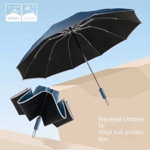 Parapluie d'affaires pliant OEM entièrement automatique inversé de 23 pouces en polyester pour adultes et femmes, résistant aux intempéries et aux UV, protection solaire - Product Image 2