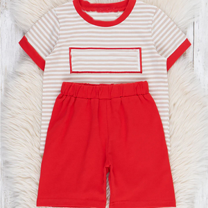 Vestiti abbinati per ragazzi Set corto rosso per la personalizzazione del ragazzino vestito di cotone a righe per bambini - Product Image 2