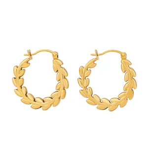 Women Hypoallergenic Jewelry Vintage 18k Gold Plated Leaf Shape Earrings Stainless Steel Fishbone Hoop Earrings