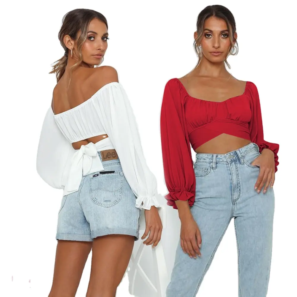Women Sexy one Shoulder Tops Long Sleeve Club Party White Shirt Puff balloon Sleeve Ruffle Crop Top Summer Tube blouse