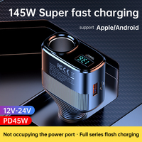 Pengisi Daya Mobil Super Cepat 145W dengan Soket Pemantik Rokok PD 45W Adaptor USB Tipe C Layar Tampilan Tegangan LED untuk iPhone Samsung Truk