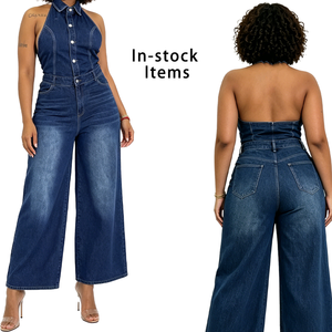 Combinaison en <span class=keywords><strong>jean</strong></span> à jambes larges pour femme, col licou, dos nu sexy, boutonnée, style salopette, tendance, avec revers, tenue en <span class=keywords><strong>jean</strong></span> une pièce - Product Image 1