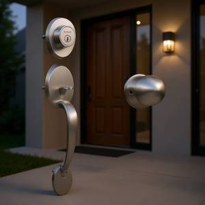 Juego de manijas de puerta delantera en níquel satinado con espaciado de orificios ajustable y cerrojo de seguridad de DB Wholesale para seguridad en el hogar, diseño contemporáneo. - Product Image 2