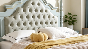 Cama elegante con poste de madera maciza, cabecera tapizada en azul claro con botones, cama con plataforma para dormitorio principal, muebles para el hogar - Product Image 3