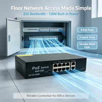 Switch PoE Gigabit No Administrado, 8 Puertos PoE + 2 Uplink RJ45, 120W 52V, Fuente de Alimentación CA Integrada, Carcasa Metálica para Punto de Acceso Inalámbrico