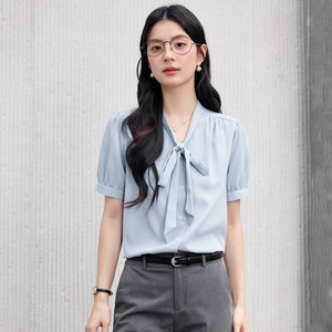 White Chiffon Blouse With Bow Tie Short Sleeve Office Women's Shirt Solid Color Polyester <b>Wrap</b> And Tie Style - Product Image 3