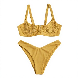 Ensemble bikini tricoté pour femme, haut bandeau décolleté plongeant, bas string, jaune uni, maillot de bain extensible 2 pièces - Product Image 3