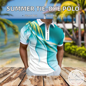 Pull tricoté décontracté d'été pour homme à manches courtes, respirant, brodé, tie-dye dégradé, imprimé 3D, avec fermeture éclair - Product Image 2