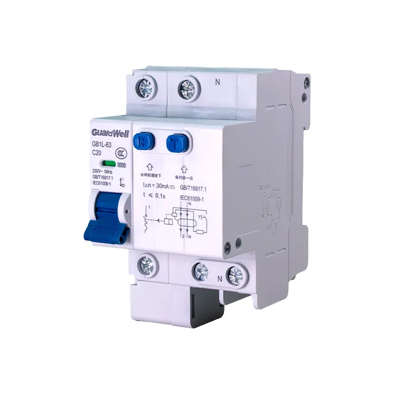 Disjuntor de corrente residual para eletricidade da marca GuardWell GB1L-63-1P+N 230V 6KA RCCB