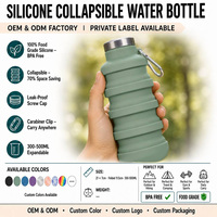 Bouteille d'eau pliable en silicone avec logo personnalisé, sans BPA, qualité alimentaire, résistante à la chaleur, portable, réutilisable, camping, gym, randonnée, OEM, ODM