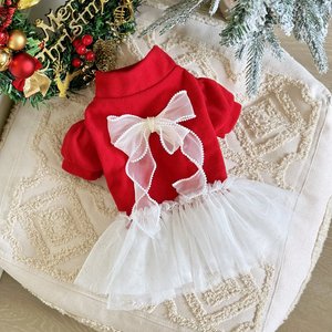 Pet clothing <b>bow</b>-knot mesh skirt, skin-friendly and comfortable, suitable for small and medium-sized dogs, <b>red</b> polyester. - Product Image 1
