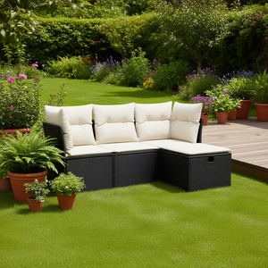 <b>Black</b> And Cream Pe Rattan Garden Sofa Set With Powder Coated Steel <b>Frame</b> Outdoor Furniture For Garden Seating Capacity 4 - Product Image 2