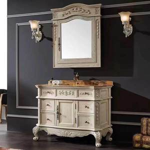 Meuble de salle de bain de style européen en chêne rouge antique, meuble-lavabo américain en bois <span class=keywords><strong>massif</strong></span> avec vasque en céramique et miroir - Product Image 3