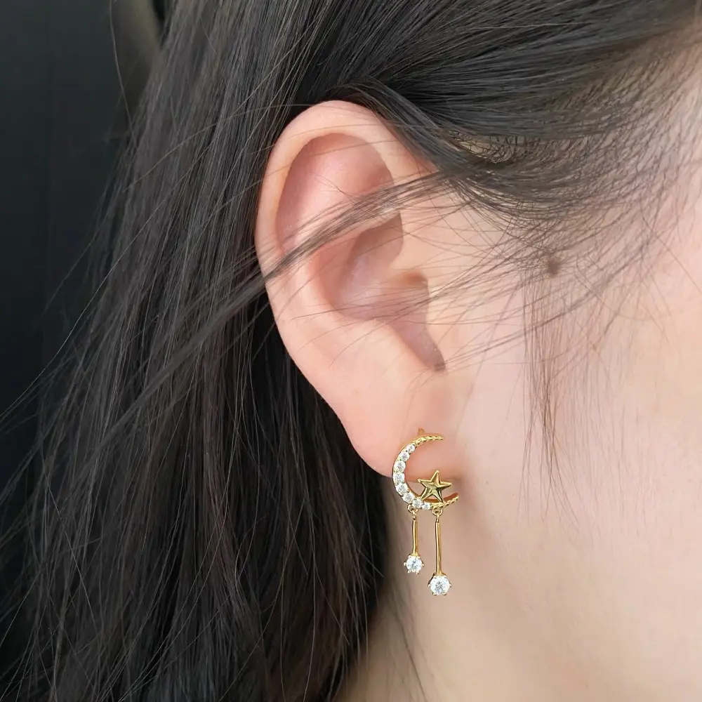 2024 Tassel Thiết Kế Đồ Trang Sức Sang Trọng 925 Sterling Silver Bạc Phụ Nữ Micro-Khảm Zircon Trăng Sao Stud Bông Tai