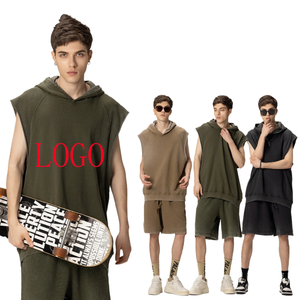 Pull sans manches à capuche pour homme, style rétro, bords bruts, délavé, coupe ample et oversize, écologique, collection été 2024 - Product Image 1