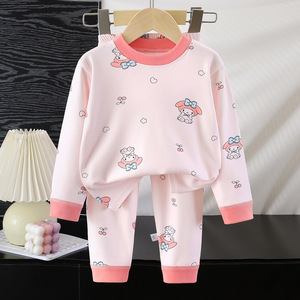 Venta al por mayor barato 2 uds otoño nuevo patrón de dibujos animados lindo cuello redondo manga larga niños niñas niños casa pijamas conjunto - Product Image 1