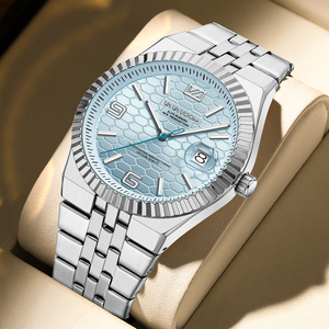 Montre mécanique automatique de luxe pour homme, design haut de gamme, lunette cannelée, cadran texturé bleu clair, montre de luxe pour affaires - Product Image 1