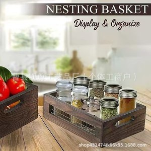 Cesta de almacenamiento de madera para mesa de salón, caja de almacenamiento de malla de hierro forjado, caja de almacenamiento multiusos para especias de cocina y - Product Image 4