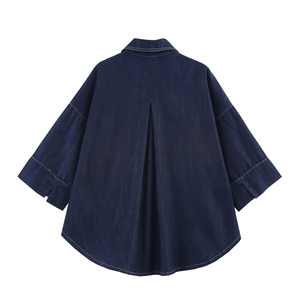 <strong>Turn</strong> Down Collar Denim Blue Color Buttons <strong>up</strong> Long Sleeve Casual Fashion <strong>Jeans</strong> Tops Blouse for Women - Product Image 2