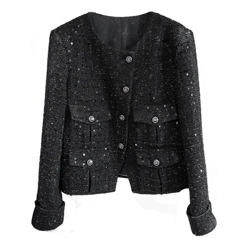 French Retro Black Slim Super Slim Short Sequin Top women's woolen coat women's coat tweed jacket