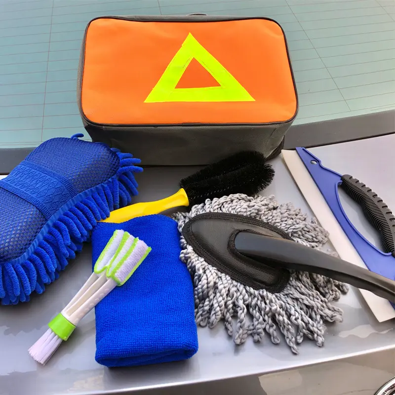Kit de herramientas de limpieza de coche, juego de 7 brochas para detalles de coche, dispensador de neumáticos, botella, esponja de lavado, paño de cerámica, toalla de chenilla