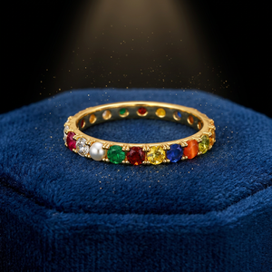 Anillo Navratna de 9 Piedras Preciosas, Plata de Ley 925 + Moissanita, Bañado en Rodio, Banda Multicolor con Piedras de Nacimiento, Anillo de Compromiso Indio de Lujo - Product Image 5