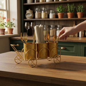 Gold Metal <b>Cutlery</b> Holder Cart with Wheels for Kitchen Tableware <b>Storage</b> Vintage Style Standing Rack - Product Image 3
