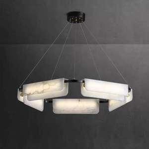 Lámpara Colgante Rectangular Moderna de Alabastro, Araña LED de Aluminio Negro para Sala de Estar, Luz Blanca Cálida 3500K, E27, Control por Interruptor - Product Image 1