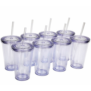 16Oz Double Wall Insulated <b>Straw</b> <b>Cup</b> With <b>Lid</b> For Travel <b>And</b> Outdoor Use Unisex Plastic Drinkware Set Of 8 - Product Image 1