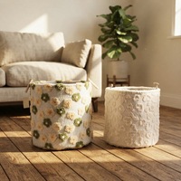 Panier de rangement en polaire pliable en polyester écologique, organiseur de vêtements de luxe 40x40cm, poignées en bois circulaires, motif floral tufté