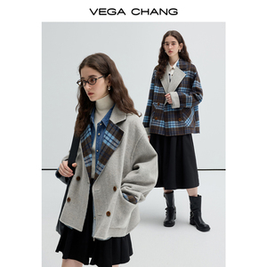 Áo khoác len kẻ ca rô hai lớp len mềm mại, chất liệu len cừu và len <span class=keywords><strong>alpaca</strong></span>, kiểu dáng thường ngày, thương hiệu VEGA CHANG - Product Image 5