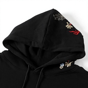 Sweat-shirt à capuche en coton noir surdimensionné pour homme, style chinois, broderie de dragon, avec poche et broderie à la main - Product Image 3