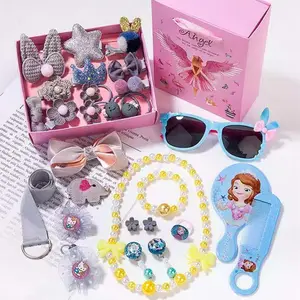 acessórios para o cabelo crianças menina conjunto caixa Suppliers-Conjunto de óculos de sol infantil qjc30, acessórios para cabelo com 28 peças, colar espelhado, brinco, caixa de presente para meninas