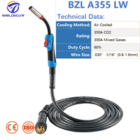 Pistola de Soldadura Mig Mag BZL A355 LW 350A, Antorcha de Soldadura Refrigerada por Aire Co2, Conector Europeo A-355, Cable de Cobre, Venta al por Mayor de Fábrica